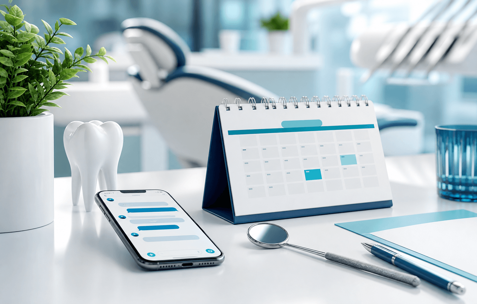 Dental appointment calendar, chat interface, and consultation tools on a clinic desk
