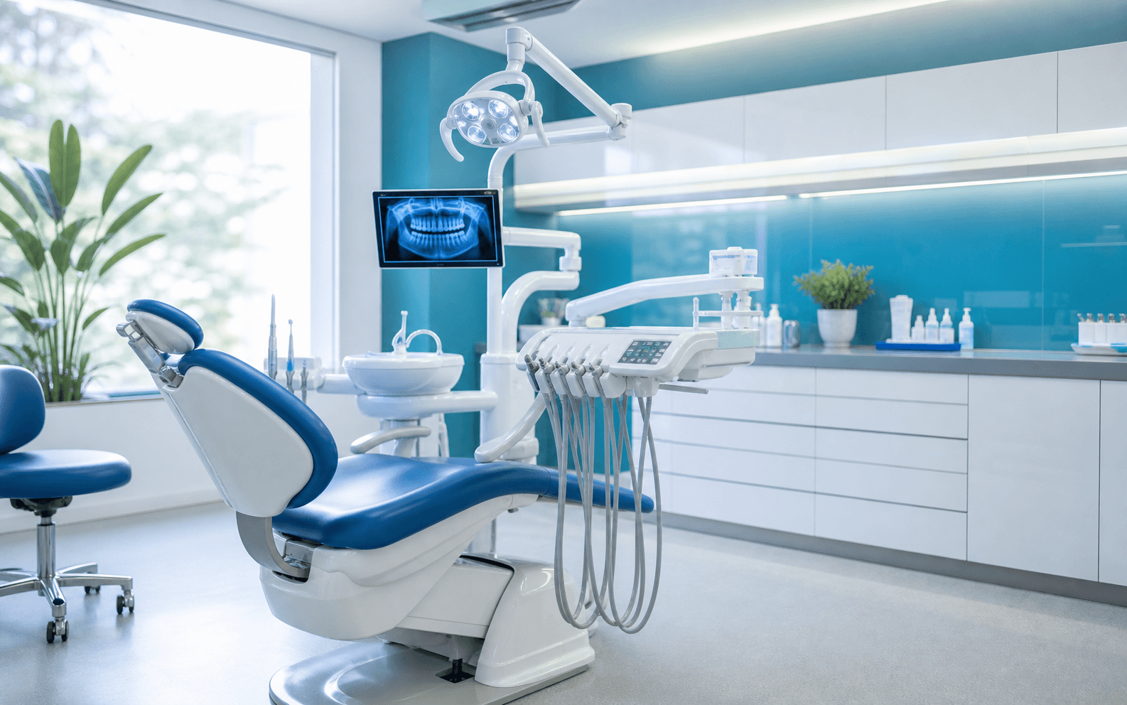 Modern dental treatment room with chair and clinical equipment